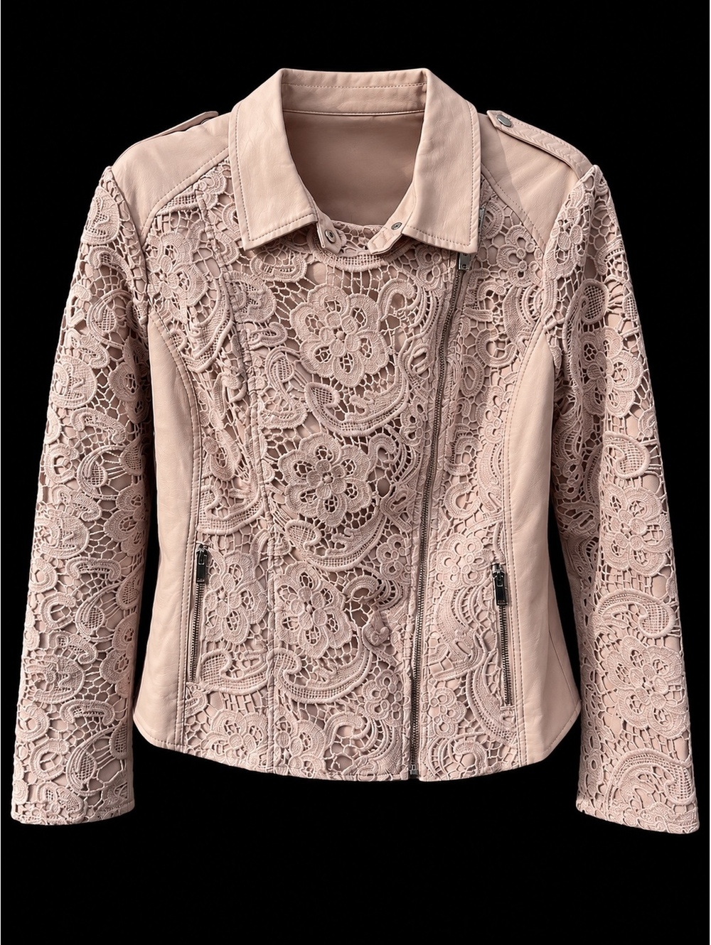 Kate & Mallory 1X Blush Pink Floral Lace Faux Leather Moto Jacket Zip Front